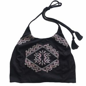 Trendy Black Embroidered Bora Bora Halter Tank Top